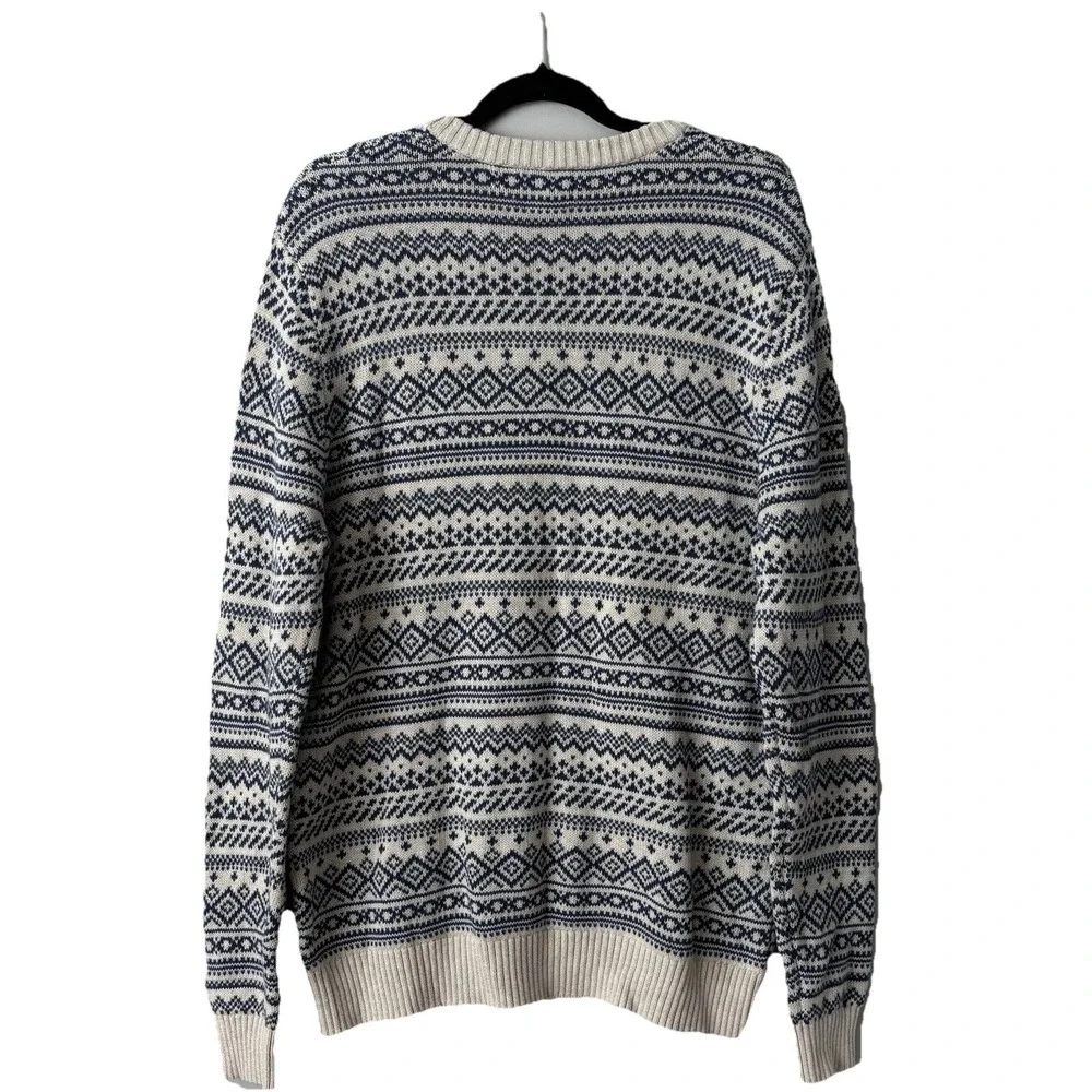 Mens Fair Isle Sweater‎ 100% Cotton Navy Blue Beige Sz L Grandpa Preppy Academia